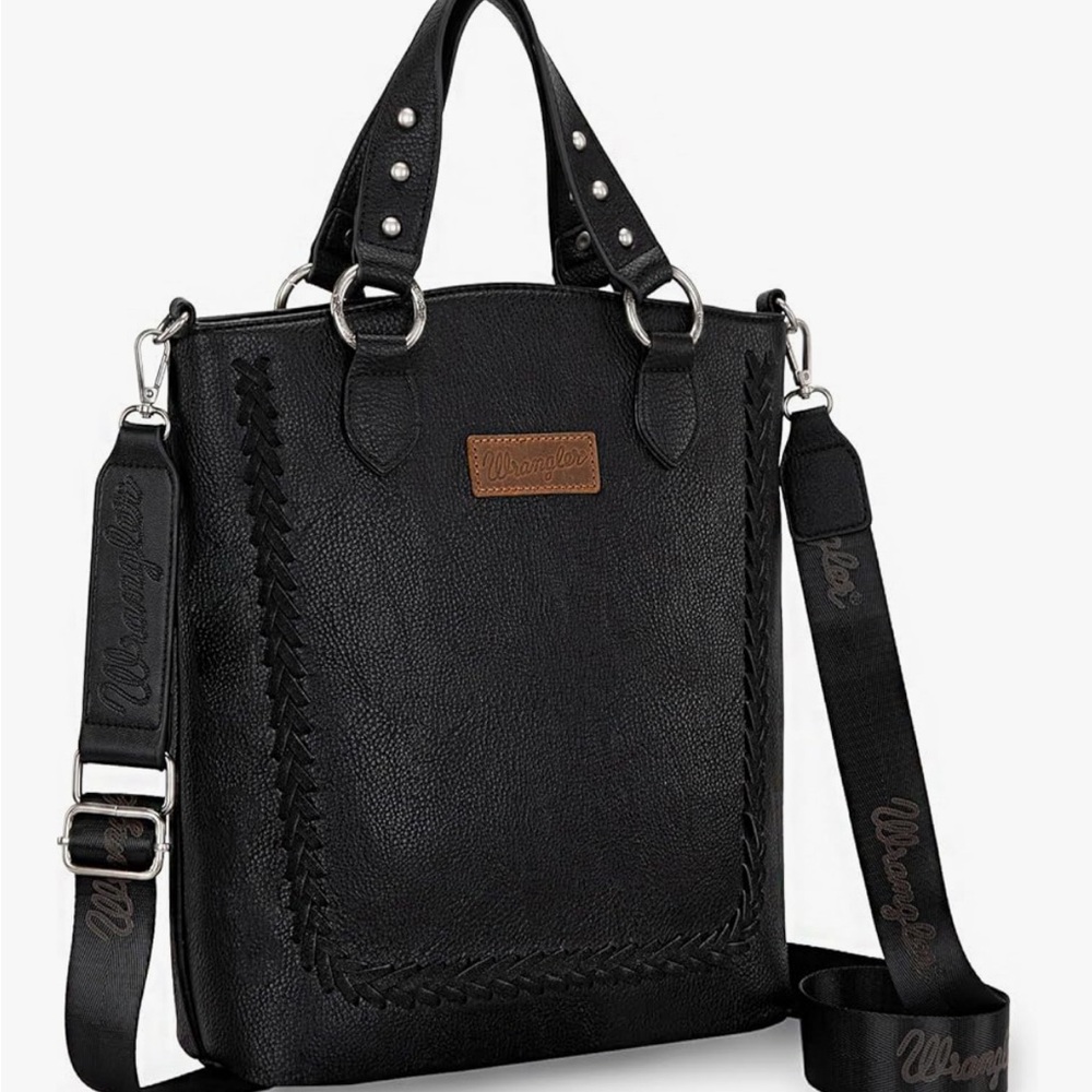 Wrangler Whipstitch Black Leather Convertible Tote with Embossed Strap